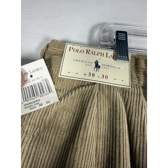 NWT Polo Ralph Lauren Andrew Pants Men's38x30 Tan Corduroy Pleated Classic Fit